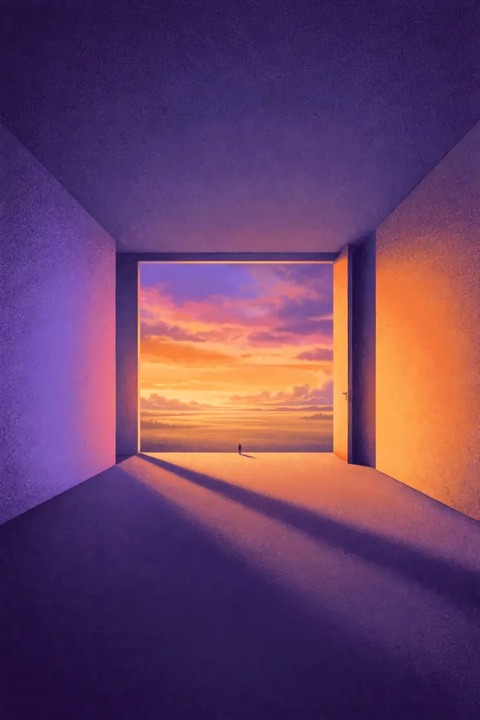 A long room opening onto a sunset